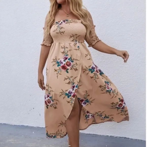 Boho Plus Floral Print Off Shoulder Cottagecore Dress - Picture 12 of 14